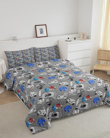 Gaming Bedding Comforters Gamer Comforter Set for Boys Kids Cartoon Gamepad Bedding Duvet Video Games Controller Home Decoration for All Season,1 Comforter Set + 2 Pillowcases, Full Size (Grey, White) - LeafyLoom