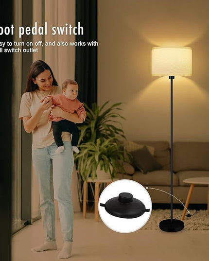 Floor Lamps for Living Room, Modern Standing Lamp with 3 Color Temperatures(9W Bulb), White Linen Lampshade, Foot Switch, Simple Reading Floor Lamps Tall Lamps for Bedroom/Office/Nightstand/Classroom - LeafyLoom