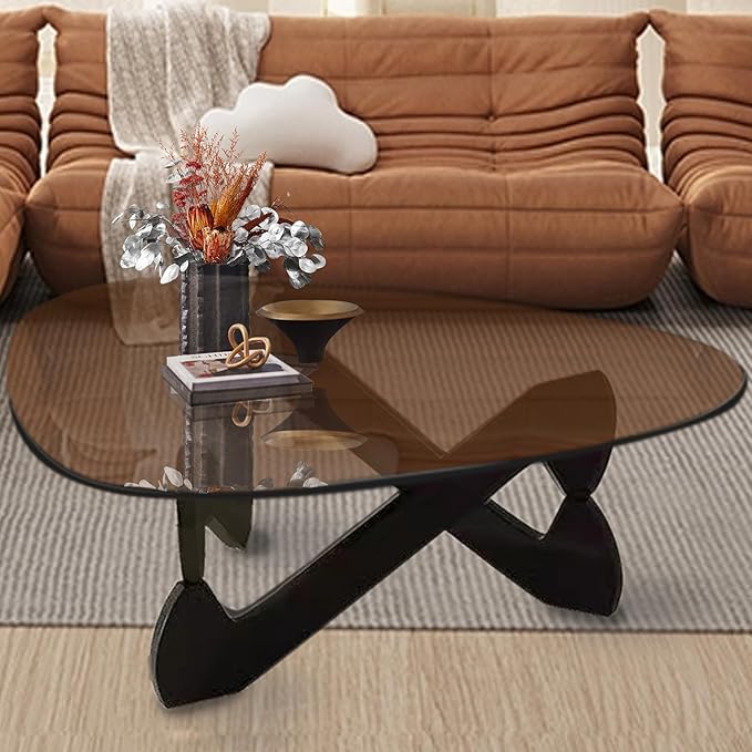 Triangle Coffee Table Glass Coffee Table for Living Room Clear Glass Coffee Table with Solid Wood Base Mid Century Modern Coffee Table for Small Spaces (Black-Brown, 35.8in) - LeafyLoom