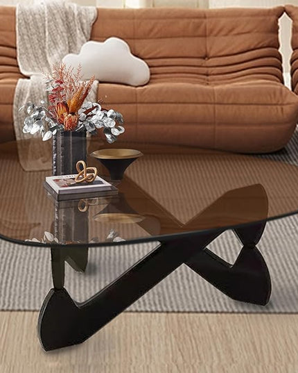 Triangle Coffee Table Glass Coffee Table for Living Room Clear Glass Coffee Table with Solid Wood Base Mid Century Modern Coffee Table for Small Spaces (Black-Brown, 32.3in) - LeafyLoom