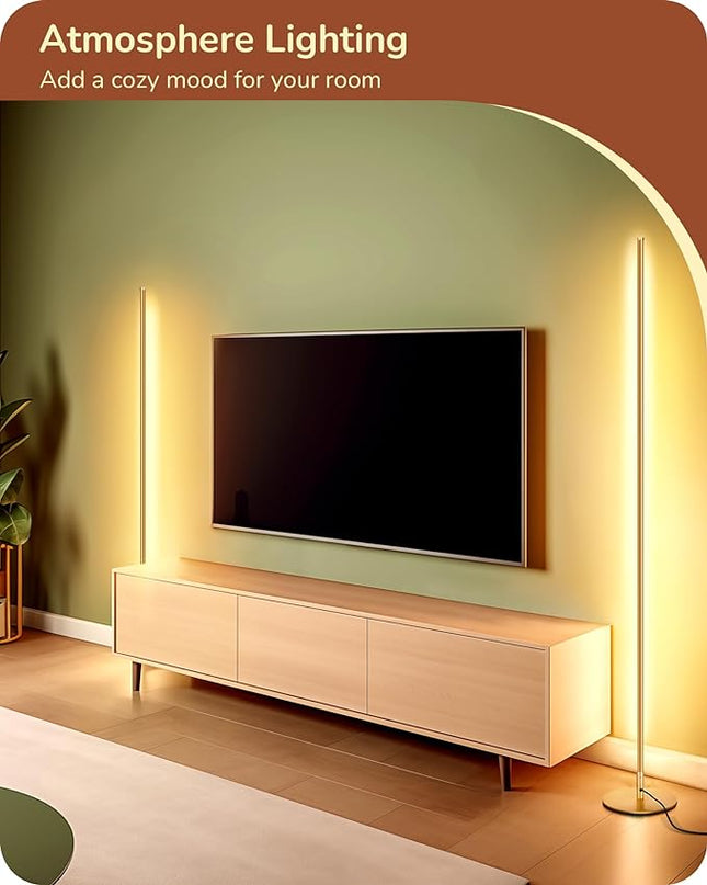 EDISHINE LED Corner Floor Lamp with Remote, 57.5" Minimalist Dimmable Light Pole, Standing Tall Moody Lamp for Living Room, Bedroom, Office, 3000K Warm White Light (Gold) - LeafyLoom