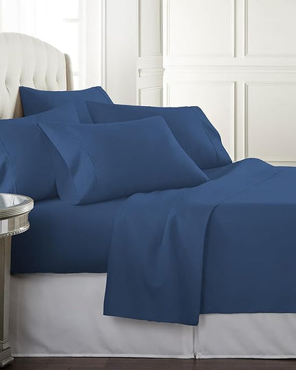 Danjor Linens Queen Sheet Set - 6 Piece Set Including 4 Pillowcases - Deep Pockets - Breathable, Soft Bed Sheets - Wrinkle Free - Machine Washable - Navy Sheets for Queen Size Bed - 6 pc - LeafyLoom