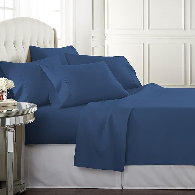 Danjor Linens Queen Sheet Set - 6 Piece Set Including 4 Pillowcases - Deep Pockets - Breathable, Soft Bed Sheets - Wrinkle Free - Machine Washable - Navy Sheets for Queen Size Bed - 6 pc - LeafyLoom