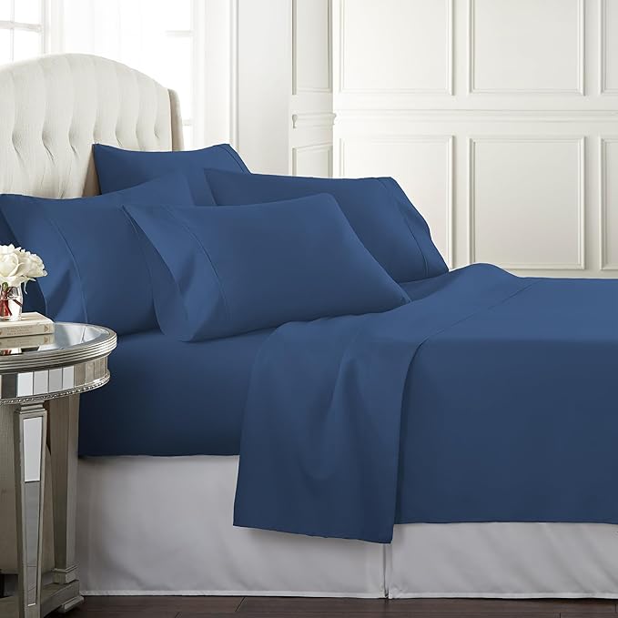 Danjor Linens Full Size Sheets Set - 6 Piece Set Including 4 Pillowcases- Deep Pockets - Breathable, Soft Bed Sheets - Wrinkle Free - Machine Washable - Navy Bed Sheets - 6 pc - LeafyLoom