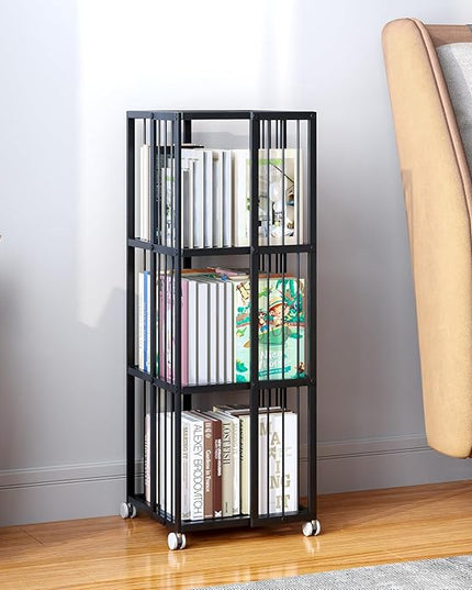 Rotating Bookcase Black 3 Tiers Metal Bookshelf, 360°Cubic Large Capacity for Small Space with Storage and Creative Multi-Layer Shelves,Magazine&Books for Bedroom Living Room Study and Office - LeafyLoom
