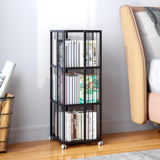 Rotating Bookcase Black 3 Tiers Metal Bookshelf, 360°Cubic Large Capacity for Small Space with Storage and Creative Multi-Layer Shelves,Magazine&Books for Bedroom Living Room Study and Office - LeafyLoom