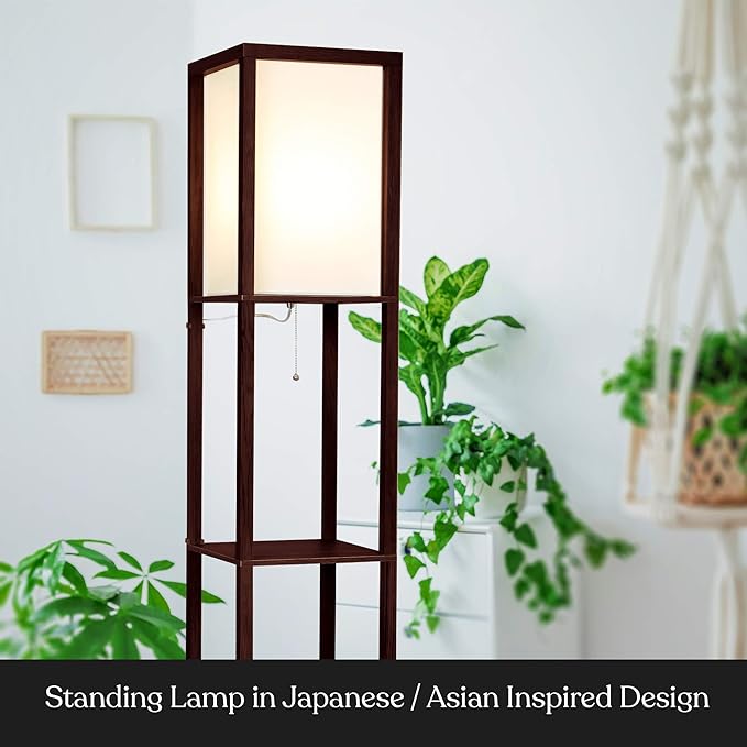 Brightech Maxwell - Modern Shelf Floor Lamp with Lamp Shade and LED Bulb - Corner Display Floor Lamps with Shelves for Living Room, Bedroom and Office - Havana Brown - LeafyLoom