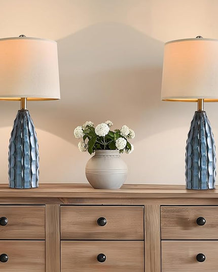 23.75" Modern Blue Ceramic Lamps Set of 2 for Living Room Study Room Office Dorm Farmhouse Nightstand, End Table Lamps - LeafyLoom