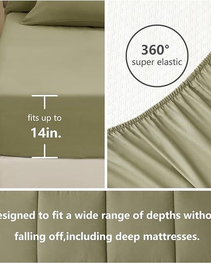 CozyLux King Size Comforter Set - 7 Pieces Bed in a Bag Set Olive Green, King Bedding Set with All Season Quilted Comforter, Flat Sheet, Fitted Sheet, Pillowcases - LeafyLoom