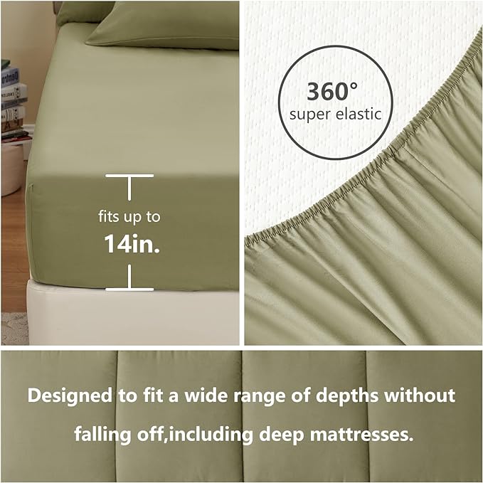 CozyLux King Size Comforter Set - 7 Pieces Bed in a Bag Set Olive Green, King Bedding Set with All Season Quilted Comforter, Flat Sheet, Fitted Sheet, Pillowcases - LeafyLoom