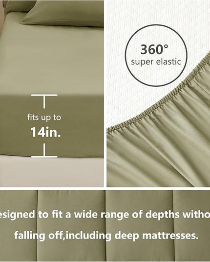 CozyLux Queen Comforter Set - 7 Pieces Bed in a Bag Set Olive Green, Bedding Sets Queen with All Season Quilted Comforter, Flat Sheet, Fitted Sheet, Pillowcases, Olive Green, Queen - LeafyLoom