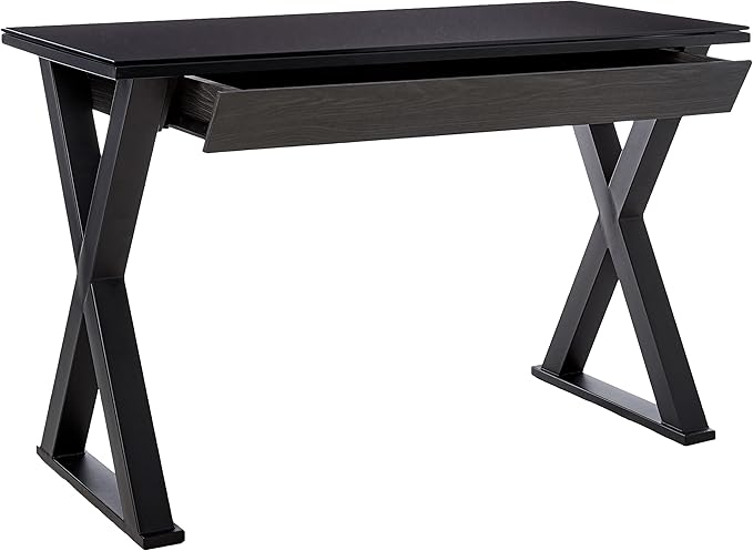 Walker Edison Lawrence Urban Industrial X Leg Glass Top Computer Desk, 48 Inch, Black - LeafyLoom