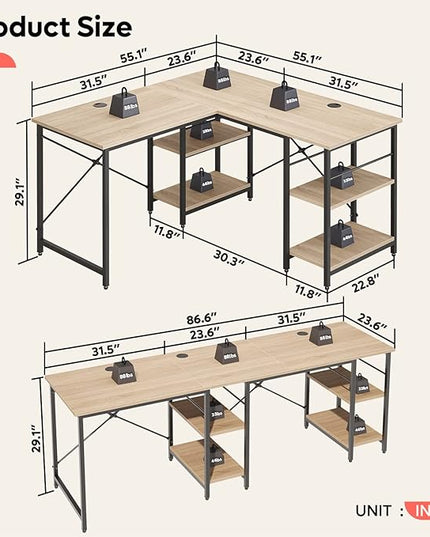 Bestier L Shaped Desk with Shelves 86.6 Inch Reversible Corner Computer Desk or 2 Person Long Table for Home Office Large Gaming Writing Storage Workstation P2 Board with 3 Cable Holes, Oak - LeafyLoom