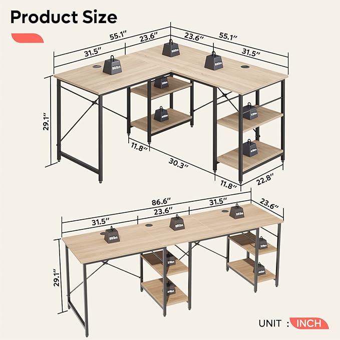Bestier L Shaped Desk with Shelves 86.6 Inch Reversible Corner Computer Desk or 2 Person Long Table for Home Office Large Gaming Writing Storage Workstation P2 Board with 3 Cable Holes, Oak - LeafyLoom
