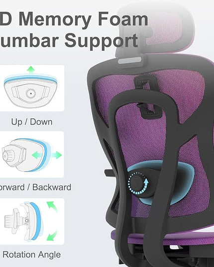 Ergonomic Mesh Office Chair, Gradient Purple Desk Chair with 3D Armrests, Adaptive Thoracic Support, 3D Lumbar Support & Adjustable Headrest, high Back Home Swivel Computer Chair with Tilt Function - LeafyLoom