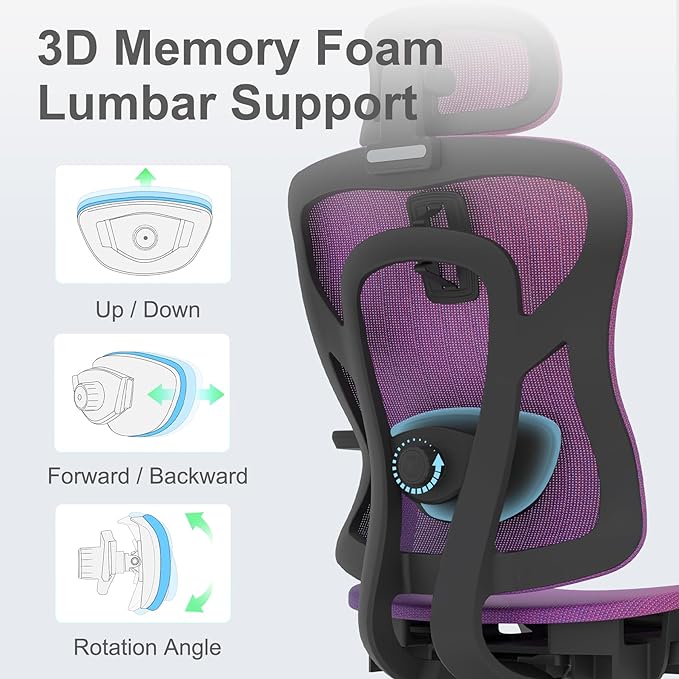 Ergonomic Mesh Office Chair, Gradient Purple Desk Chair with 3D Armrests, Adaptive Thoracic Support, 3D Lumbar Support & Adjustable Headrest, high Back Home Swivel Computer Chair with Tilt Function - LeafyLoom