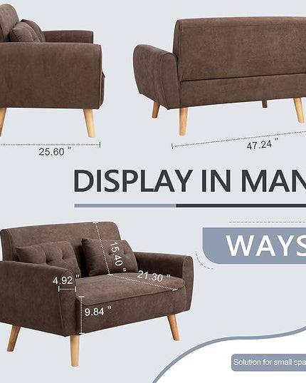 Shintenchi 47" Loveseat Wood Sofa, Brown, Easy Assembly, Comfortable Cushions - LeafyLoom