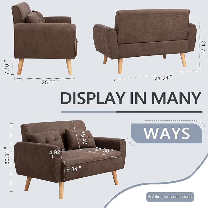 Shintenchi 47" Loveseat Wood Sofa, Brown, Easy Assembly, Comfortable Cushions - LeafyLoom