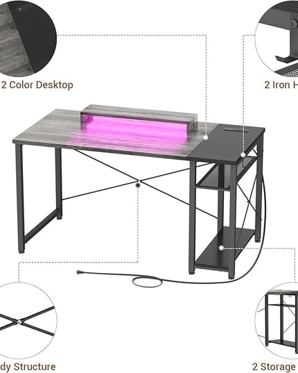 armocity Computer Desk with LED Lights, 47 Gaming Desk with Power Outlet and USB, Reversible Laptop Table with Moveable Monitor Stand for Small Spaces, Office, Room, Grey and Black - LeafyLoom