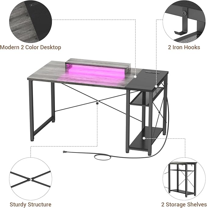armocity Computer Desk with LED Lights, 47 Gaming Desk with Power Outlet and USB, Reversible Laptop Table with Moveable Monitor Stand for Small Spaces, Office, Room, Grey and Black - LeafyLoom
