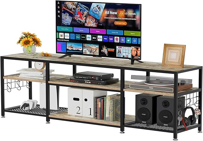 VECELO 70" TV Stand for 65/70/75 Inch Television, Entertainment Center with Storage Shelves & Hooks, 3-Tier Modern Wooden Console Table for Living, Bedroom and Gaming Room, 70 Inch, Oak Grey - LeafyLoom