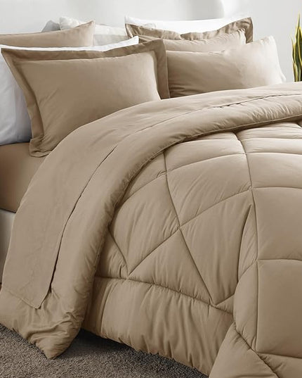 CozyLux Queen Comforter Set with Sheets 7 Pieces Bed in a Bag Taupe All Season Bedding Sets with Comforter, Pillow Shams, Flat Sheet, Fitted Sheet and Pillowcases - LeafyLoom