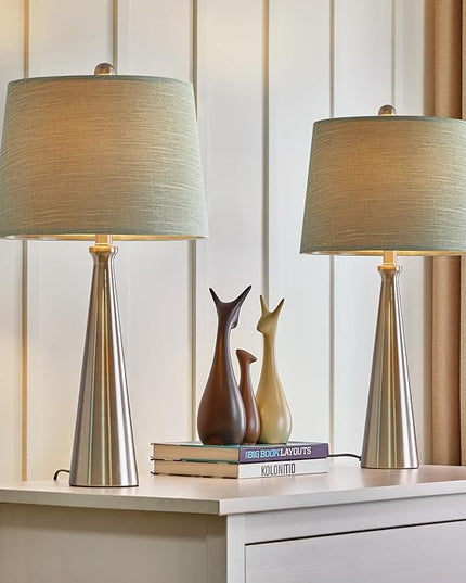 Oneach 25.75" Table Lamps Set of 2 for Living Room Bedroom, Bedside Lamp 3-Way Dimmable Touch Control, Modern Silver Nightstand Light Fabric Shade Vintage Accent Style - LeafyLoom