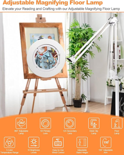 Magnifying Glass with Light Floor Lamp 5X & 12X Zoom Adjustable LED Floor Magnifier Light with 3-Color 10-Brightness, Dust Cover for Reading, Crafts & More Gift Ideal for Father Mother Old - LeafyLoom