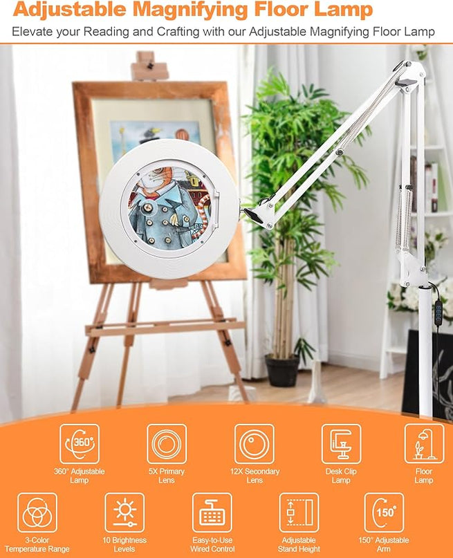 Magnifying Glass with Light Floor Lamp 5X & 12X Zoom Adjustable LED Floor Magnifier Light with 3-Color 10-Brightness, Dust Cover for Reading, Crafts & More Gift Ideal for Father Mother Old - LeafyLoom