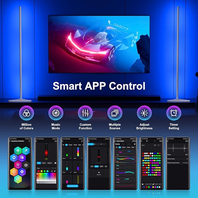 MIHEAL Corner Floor Lamp - Smart RGB LED Corner Lamp with App and Remote Control, 16 Million Colors & 68+ Scene, Music Sync, Timer Setting -for Living Rooms, Bedrooms, and Gaming Rooms - LeafyLoom