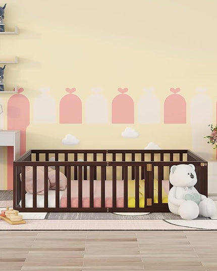 Multifunctional Queen Size Floor Bed with Safety Guardrails and Door, Montessori Sturdy Solid Wood Beds Frame, Easy Assembly and No Spring Need, for Boys and Girls Room, Walnut - LeafyLoom