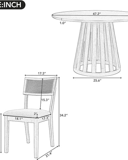 5-Piece Classic Retro Style Dining Set with Round Table and 4 Upholstered Chairs with Rattan Backrests for Kitchen, Living Room, Walnut, 47.2" L x 47.2" W x 29.9" H - LeafyLoom