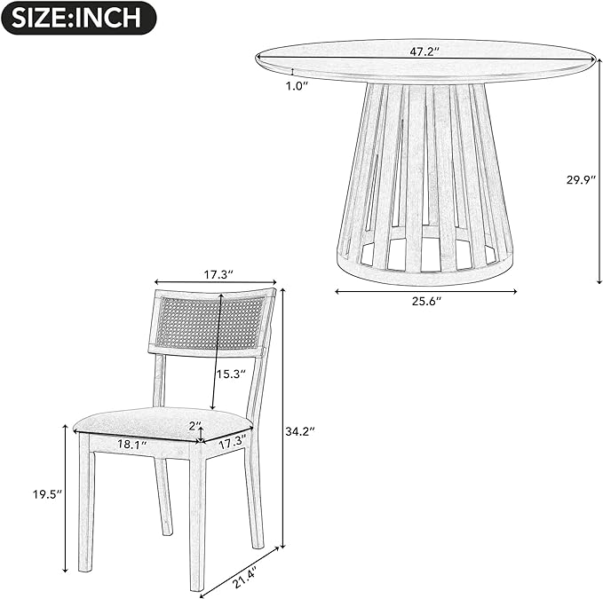5-Piece Classic Retro Style Dining Set with Round Table and 4 Upholstered Chairs with Rattan Backrests for Kitchen, Living Room, Walnut, 47.2" L x 47.2" W x 29.9" H - LeafyLoom