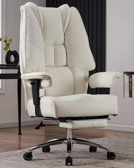 Big and Tall Office Chair 400lbs Wide Seat, Leather High Back Executive Office Chair with Foot Rest, Ergonomic Office Chair Lumbar Support for Lower Back Pain Relief (White) - LeafyLoom