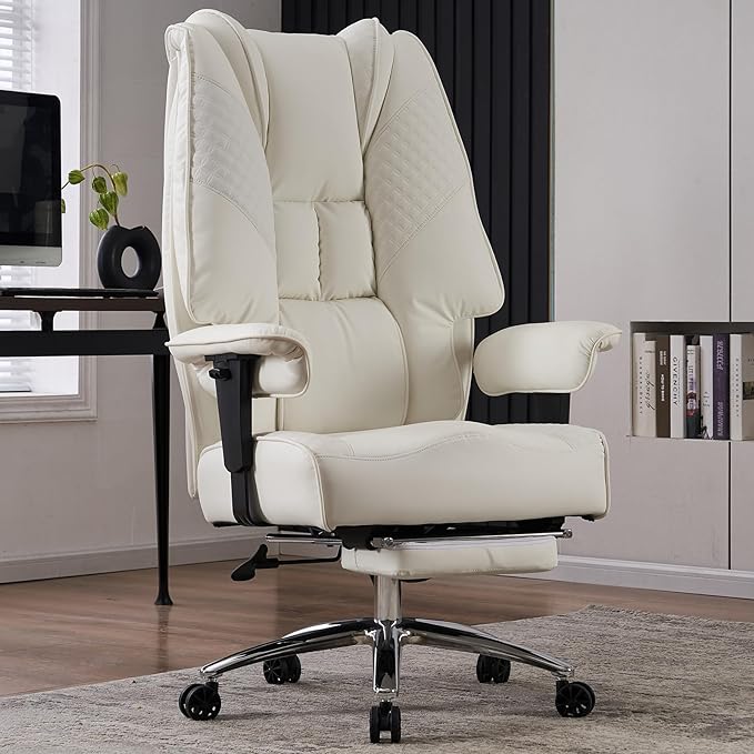 Big and Tall Office Chair 400lbs Wide Seat, Leather High Back Executive Office Chair with Foot Rest, Ergonomic Office Chair Lumbar Support for Lower Back Pain Relief (White) - LeafyLoom