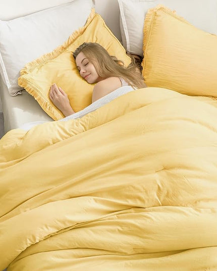 Andency Yellow Tassel Comforter Set Queen(90x90Inch), 3 Pieces(1 boho Comforter, 2 Pillowcases) Farmhouse Shabby Chic Comforter Set, Soft Microfiber Lightweight Fringe Bedding Comforter Set - LeafyLoom