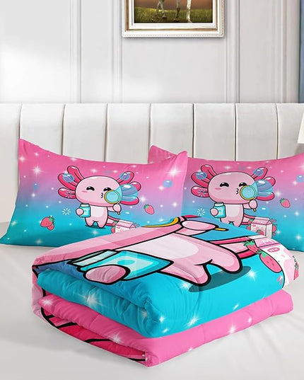 Kawaii Axolotl Comforter,Pink Salamander Comforter Set for Kids Teens Girls,3Pcs Bedding Set Printed Comforter with 2 Pillowcases,Down Alternative,Soft and Lightweight(Pink，Twin Size) - LeafyLoom