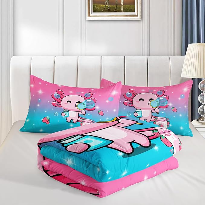 Kawaii Axolotl Comforter,Pink Salamander Comforter Set for Kids Teens Girls,3Pcs Bedding Set Printed Comforter with 2 Pillowcases,Down Alternative,Soft and Lightweight(Pink，King Size) - LeafyLoom