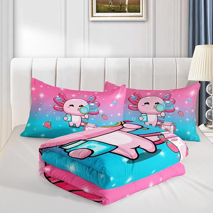 Kawaii Axolotl Comforter,Pink Salamander Comforter Set for Kids Teens Girls,3Pcs Bedding Set Printed Comforter with 2 Pillowcases,Down Alternative,Soft and Lightweight(Pink，Full Size) - LeafyLoom