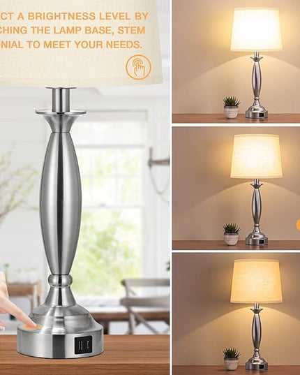 Beige Lamps for Bedrooms Set of 2 - Touch Control Bedside Lamp with USB C+A, 3 Way Dimmable Nightstand Lamps with USB Port, Table Lamp for Living Room(Beige Shade and Nickel Base) - LeafyLoom