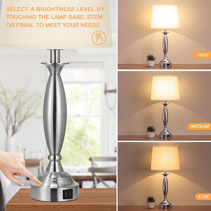 Beige Lamps for Bedrooms Set of 2 - Touch Control Bedside Lamp with USB C+A, 3 Way Dimmable Nightstand Lamps with USB Port, Table Lamp for Living Room(Beige Shade and Nickel Base) - LeafyLoom