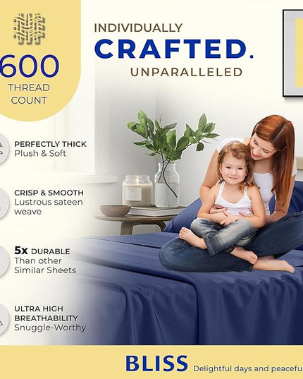 THREAD SPREAD 600 Thread Count Sheets Queen - 100% Egyptian Cotton Sheets Queen Size, 4 PC Luxury Sheets Queen Size, Soft, Cooling, Extra Long Staple 16" Deep Pocket Queen Bed Sheet Set - Navy Blue - LeafyLoom