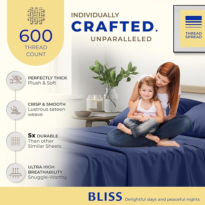 THREAD SPREAD 600 Thread Count Sheets Queen - 100% Egyptian Cotton Sheets Queen Size, 4 PC Luxury Sheets Queen Size, Soft, Cooling, Extra Long Staple 16" Deep Pocket Queen Bed Sheet Set - Navy Blue - LeafyLoom
