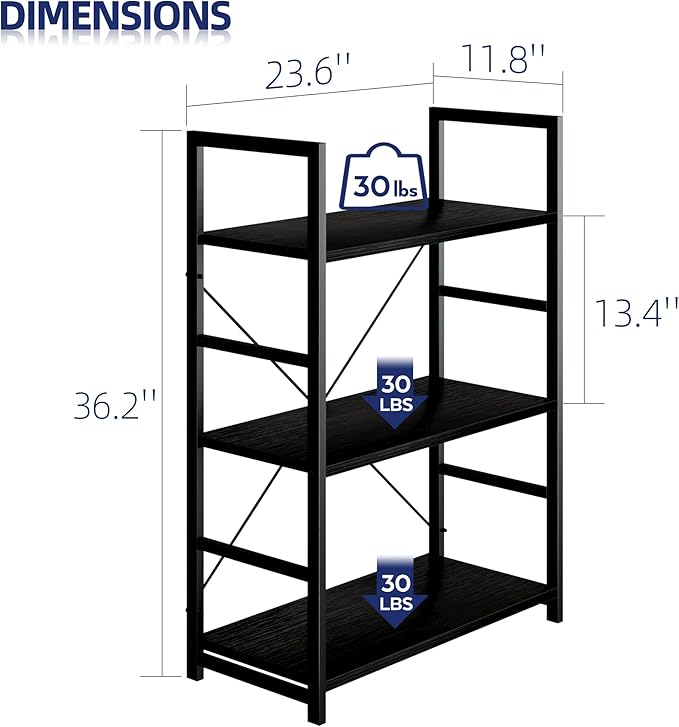 NUMENN 3 Tier Bookshelf, Bookcase Shelf Storage Organizer, Modern Book Shelf for Bedroom, Living Room and Home Office, Black - LeafyLoom