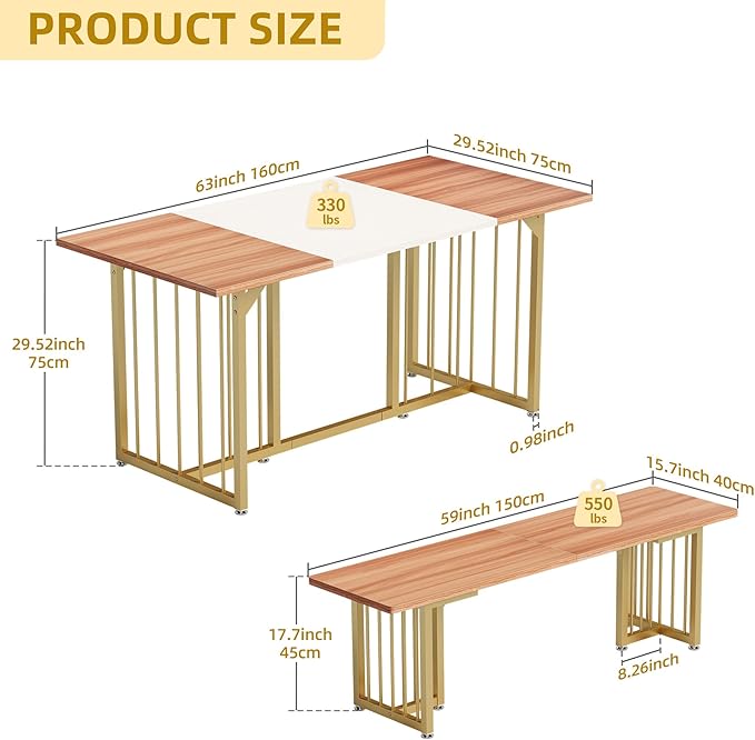 DWVO 3-Piece Dining Table Set for 4-6 People, 63" Kitchen Table with 2 Benches, Farmhouse Rectangular Dining Room Table Set for Home Kitchen, Restaurant - LeafyLoom