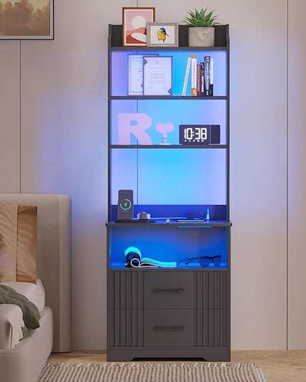 Vlsrka Tall Nightstand with Charging Station, 54" Smart Nightstand with LED Lights, Modern Night Stand with Bookshelf, Bedside Tables with Storage Cabinet for Bedroom, Grey - LeafyLoom