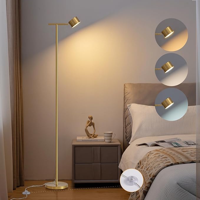 Floor Lamp for bedroom, 3 Color Temperatures Minimalist Floor Lamp with Flexible Lamp Cap, Modern Gold Floor Lamps for Living Room Bright, Simple Standing Lamp for Office Reading Working - LeafyLoom