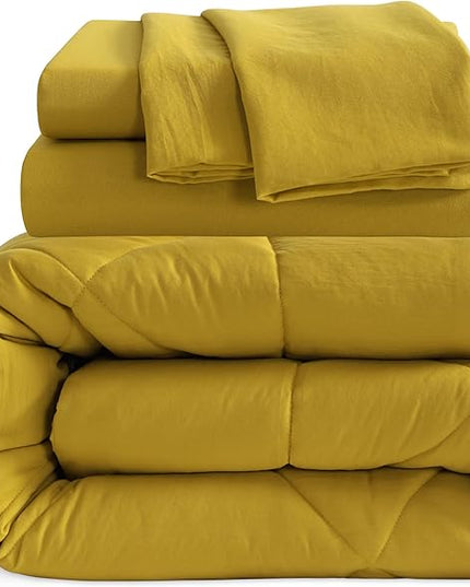 NTBAY Twin Comforter Set with Sheets, 5 Pieces Soft and Breathable Twin Bedding Set, Twin Bed in a Bag, Down Alternative Comforter Set Solid Color All Season, Kids Bedding Set, Yellow - LeafyLoom