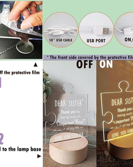 Sister Gifts | Gifts for Sister from Sister | Sister Birthday Gift Ideas | Sister Birthday Gift Ideas | Mothers Day Gifts for Sister | Wooden Puzzle Acrylic Night Light for Home Decor. - LeafyLoom