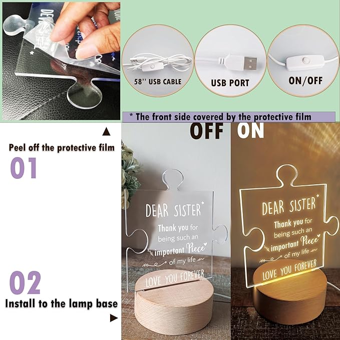 Sister Gifts | Gifts for Sister from Sister | Sister Birthday Gift Ideas | Sister Birthday Gift Ideas | Mothers Day Gifts for Sister | Wooden Puzzle Acrylic Night Light for Home Decor. - LeafyLoom